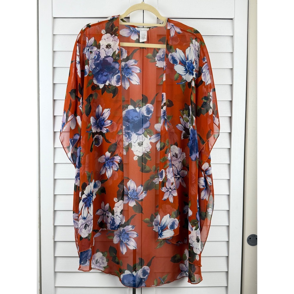 Emory Park Kimono XL Orange Floral Sheer Chiffon Open Front Cardigan